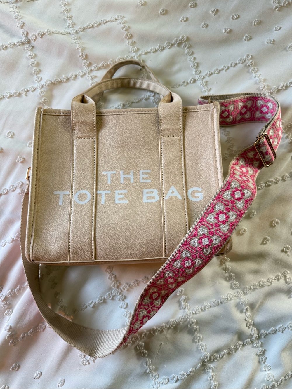 THE TOTE BAG Beige Women's Structured Tote with Pink Strap